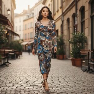 Farm Rio x Anthropologie Wonderful Bouquet Teal Floral V-Neck MIDI Dress Size S